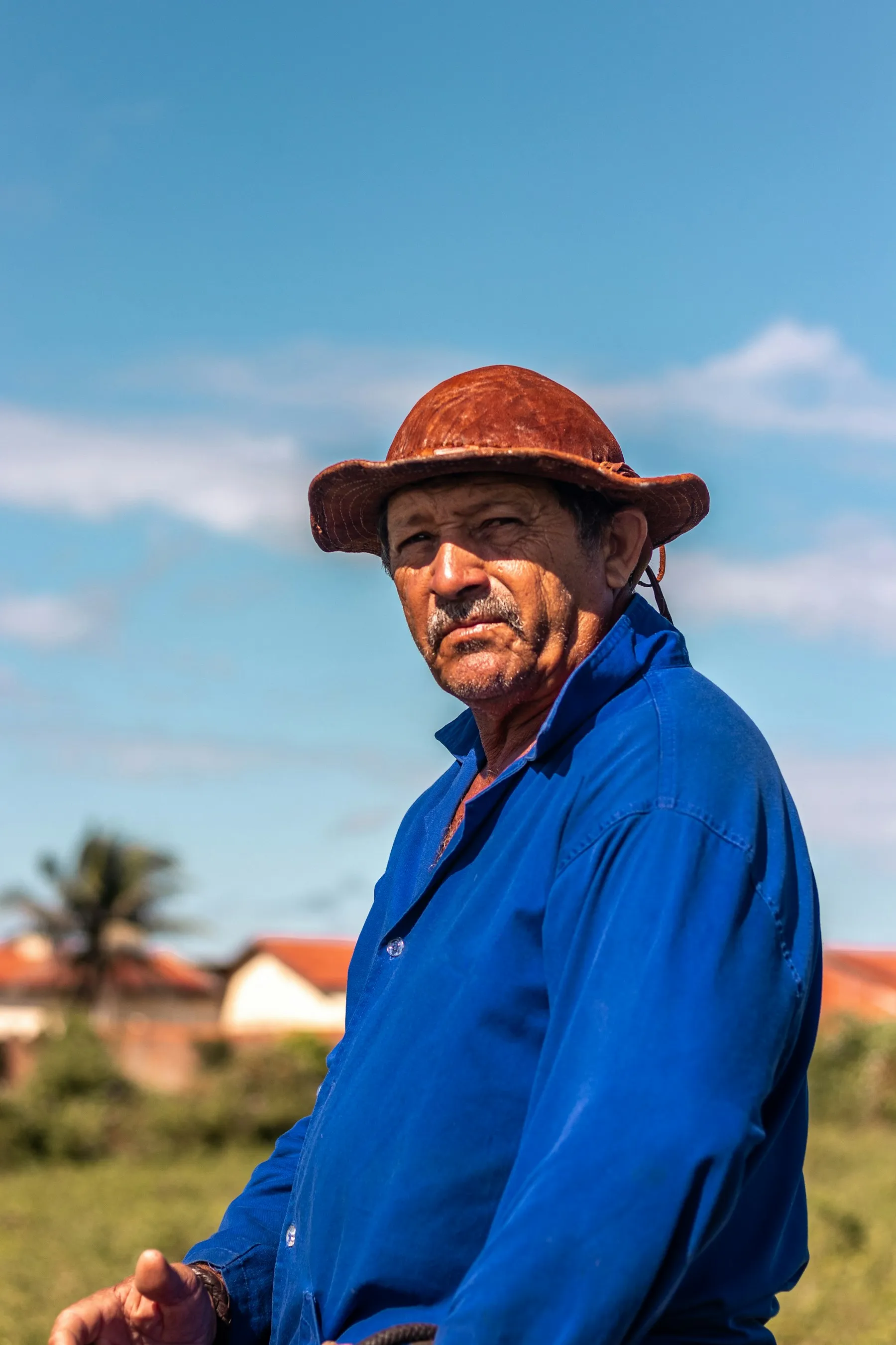 Produtor rural de chapéu e camisa azul olhando para o horizonte